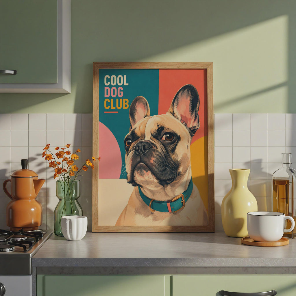 Dog Club Frenchie Poster, Retro Teal Pink Geometric Wall Art (A4)