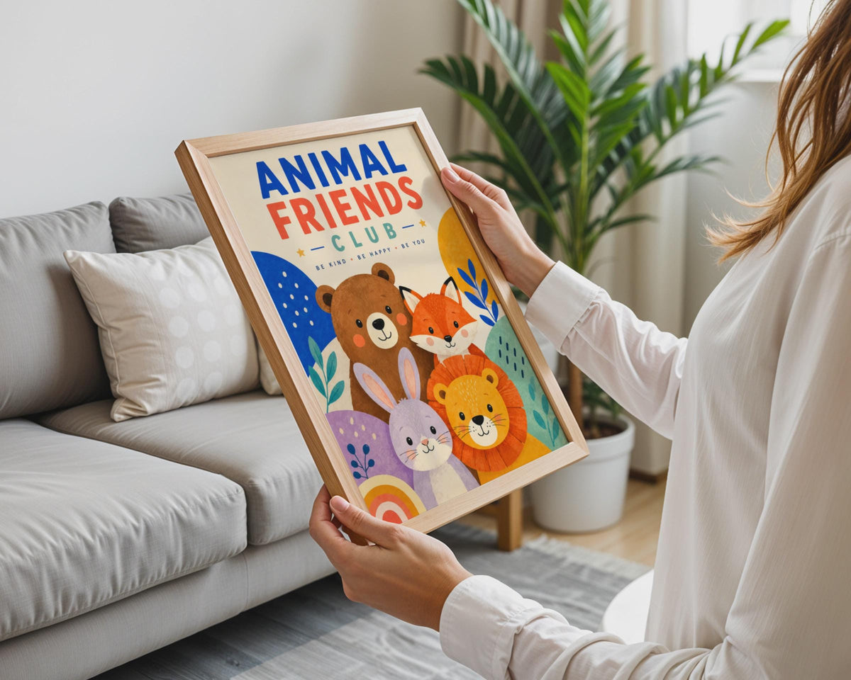 Animal Friends Club Poster, Bear Fox Lion Rabbit Nursery Art (Print)