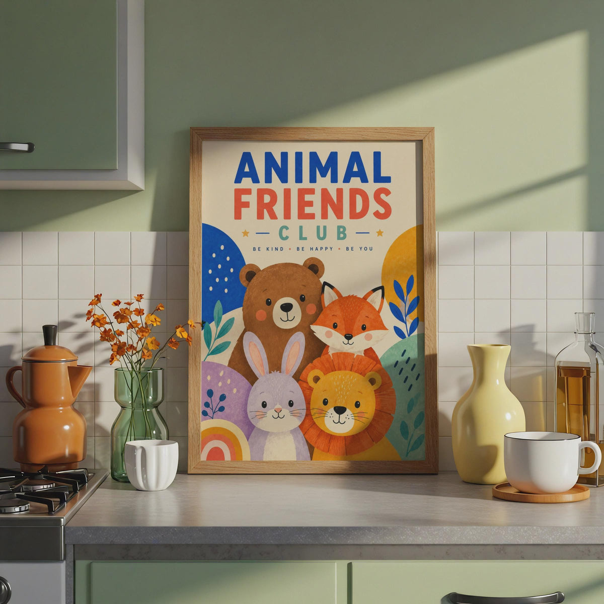 Animal Friends Club Poster, Bear Fox Lion Rabbit Nursery Art (Print)