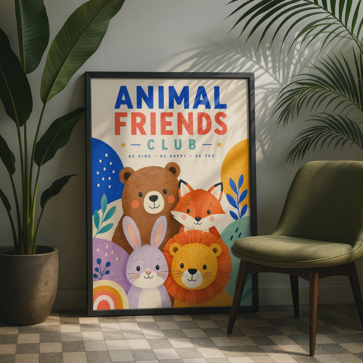 Animal Friends Club Poster, Bear Fox Lion Rabbit Nursery Art (Print)