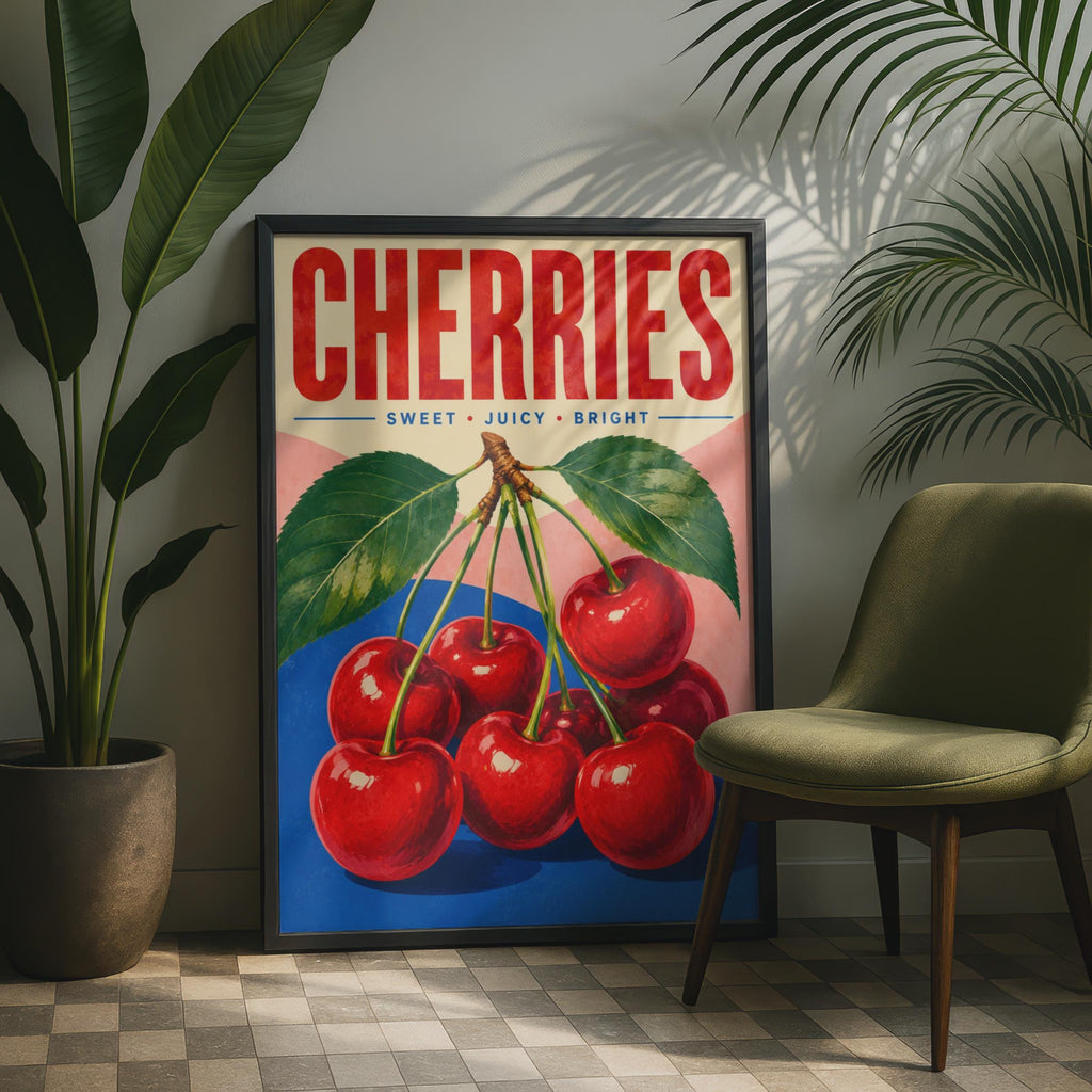 Retro Cherry Illustration Poster, Mid-Century Kitchen Wall Art Print (Digital Download)