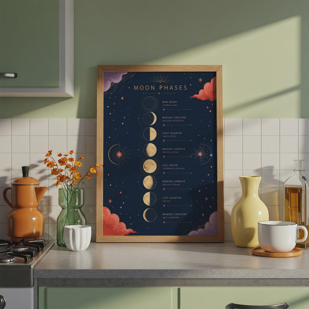 Moon Phases Poster, Celestial Wall Art Print, Navy Gold Lunar Chart (A4)