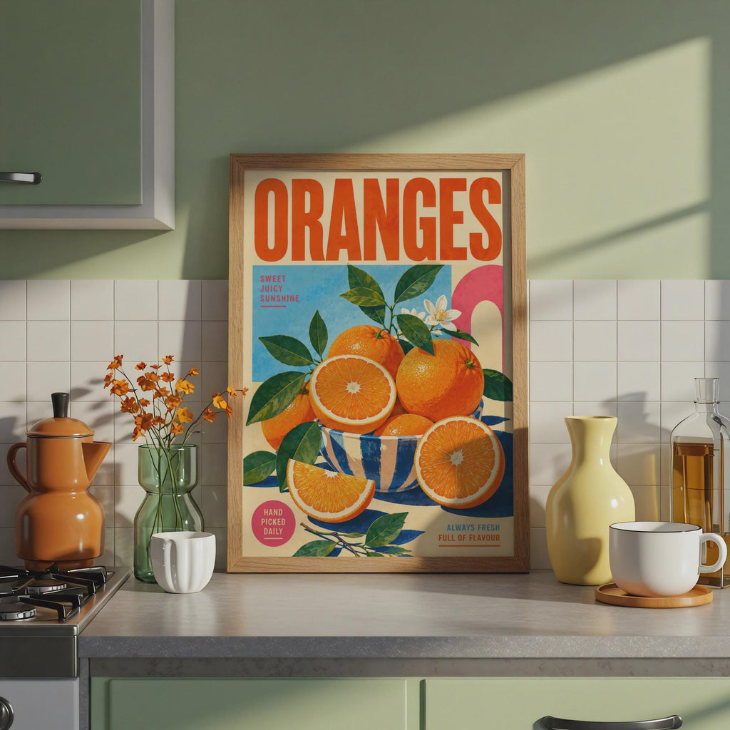 Retro Oranges Poster, Mid-Century Citrus Wall Art, Bold Typography Print