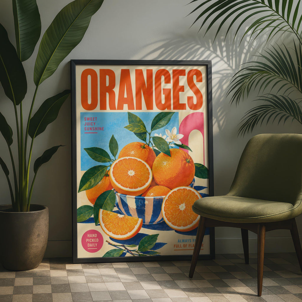 Retro Oranges Poster, Mid-Century Citrus Wall Art, Bold Typography Print