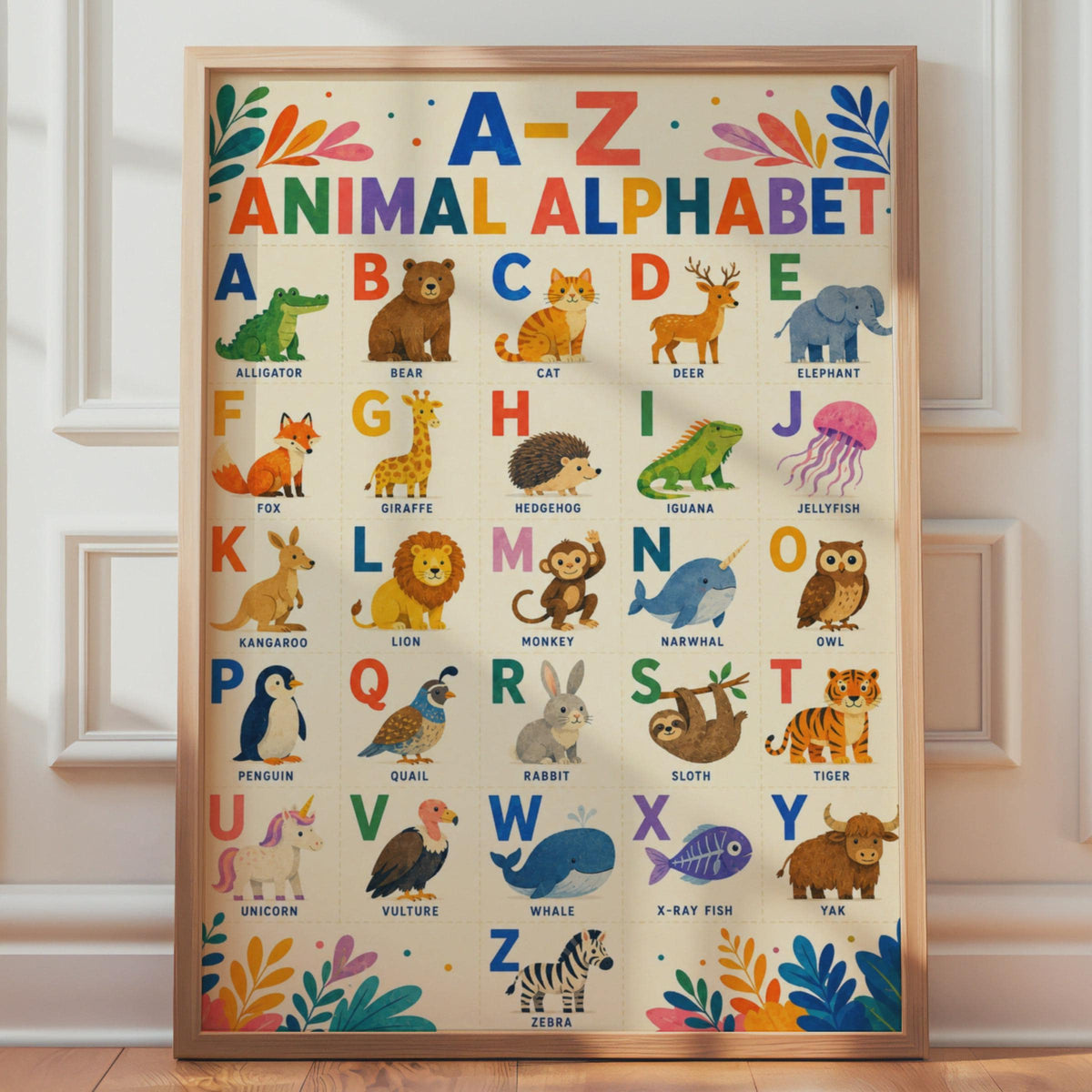 A-Z Animal Alphabet Poster, Watercolor Nursery Wall Art (Printed)