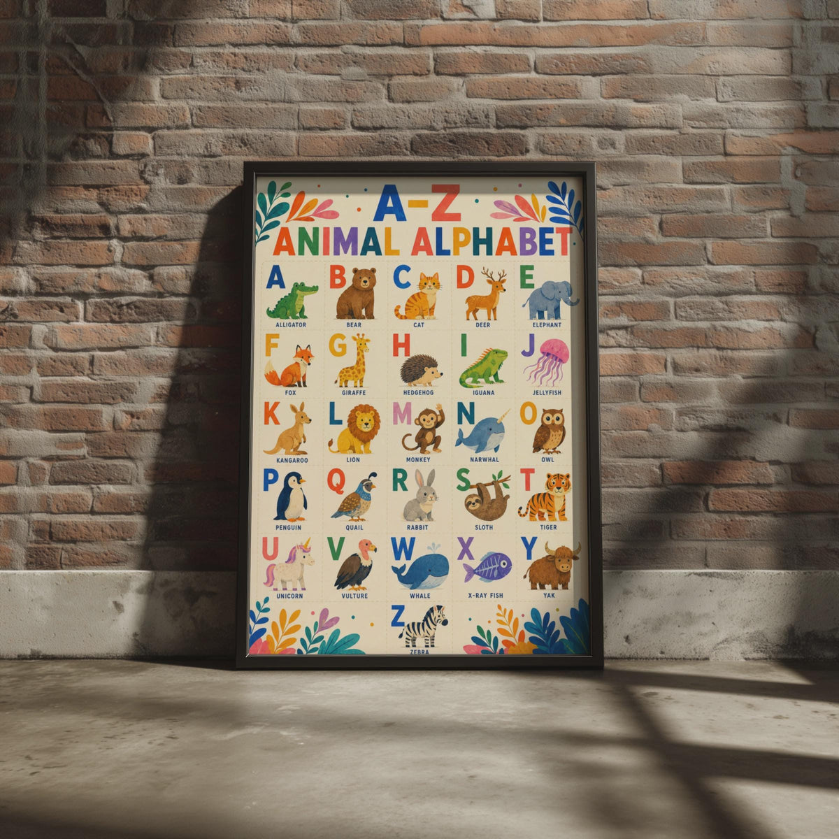 A-Z Animal Alphabet Poster, Watercolor Nursery Wall Art (Printed)
