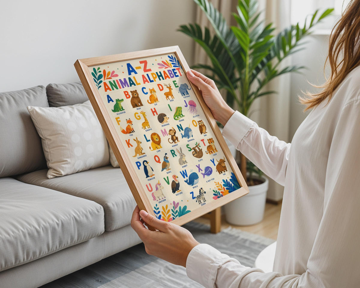 A-Z Animal Alphabet Poster, Watercolor Nursery Wall Art (Printed)