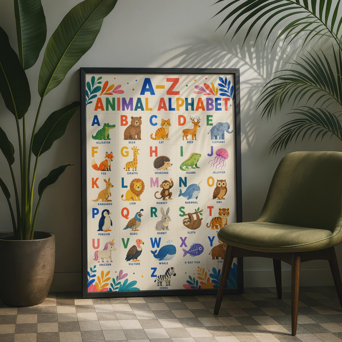A-Z Animal Alphabet Poster, Watercolor Nursery Wall Art (Printed)