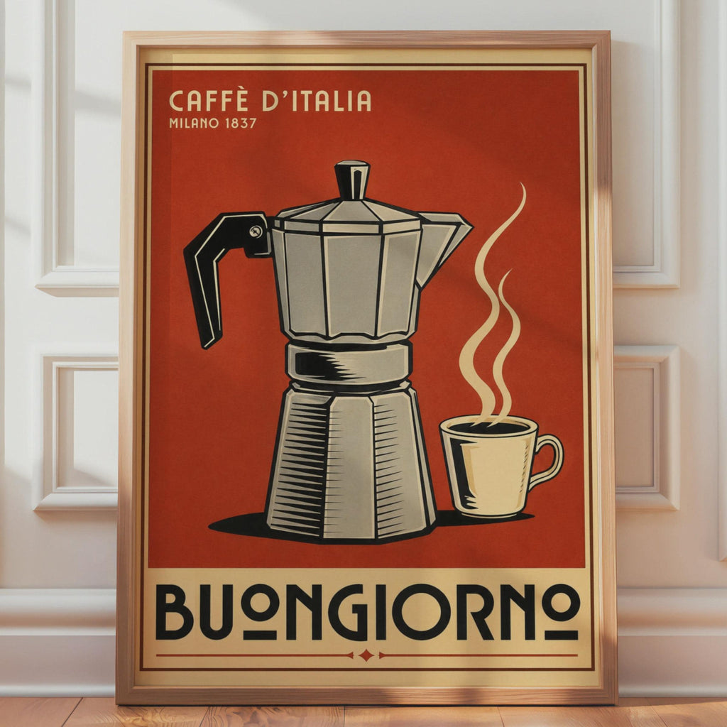 Vintage Italian Moka Pot Coffee Poster, Retro Espresso Wall Art, Buongiorno Print