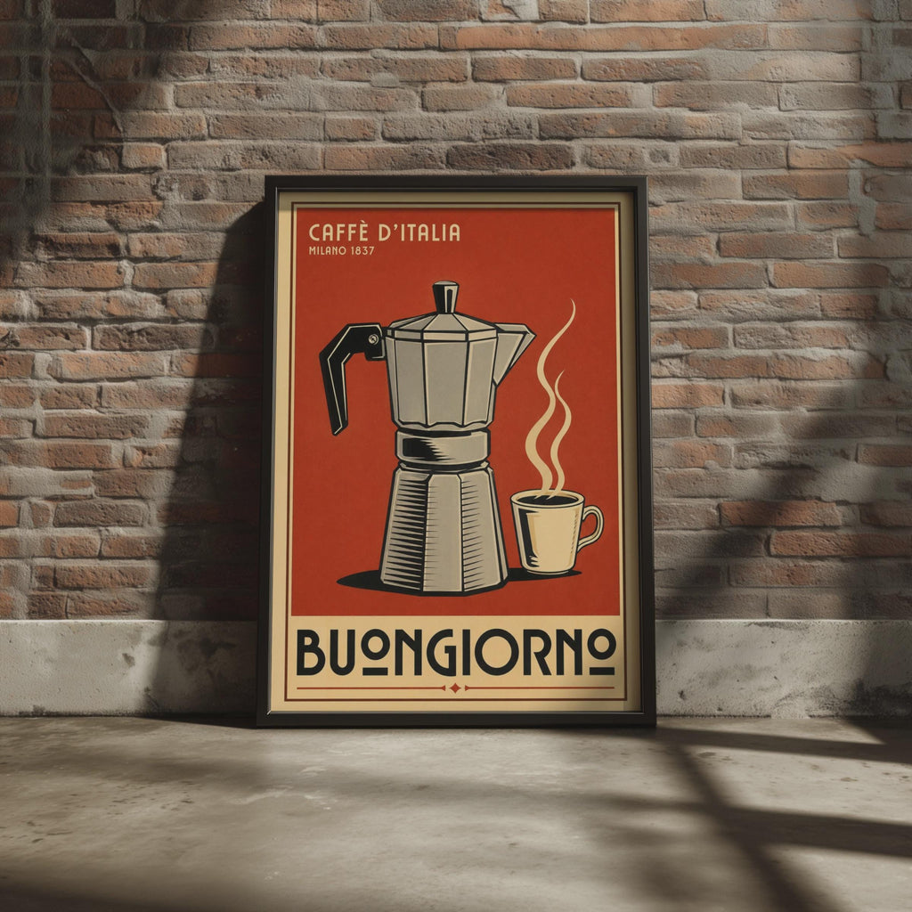 Vintage Italian Moka Pot Coffee Poster, Retro Espresso Wall Art, Buongiorno Print
