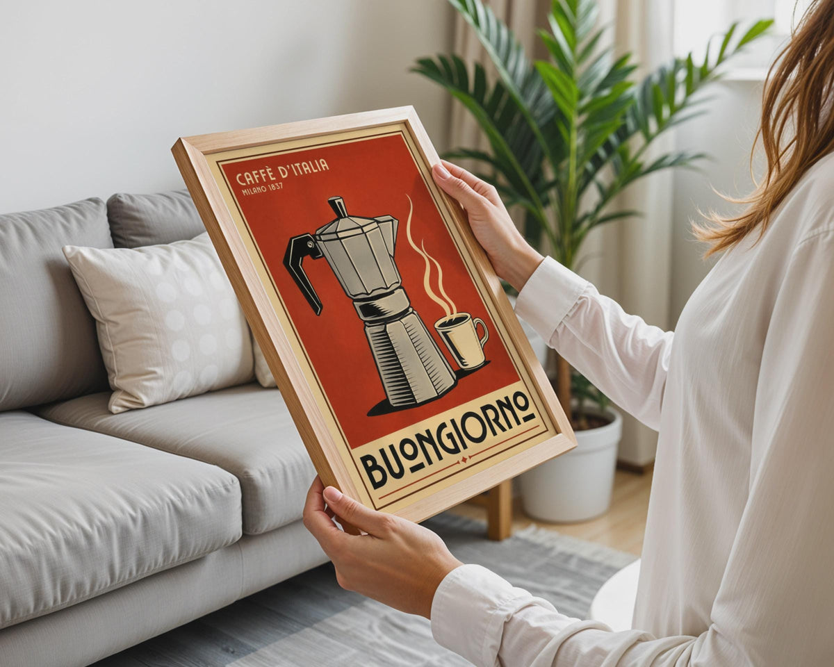 Vintage Italian Moka Pot Coffee Poster, Retro Espresso Wall Art, Buongiorno Print