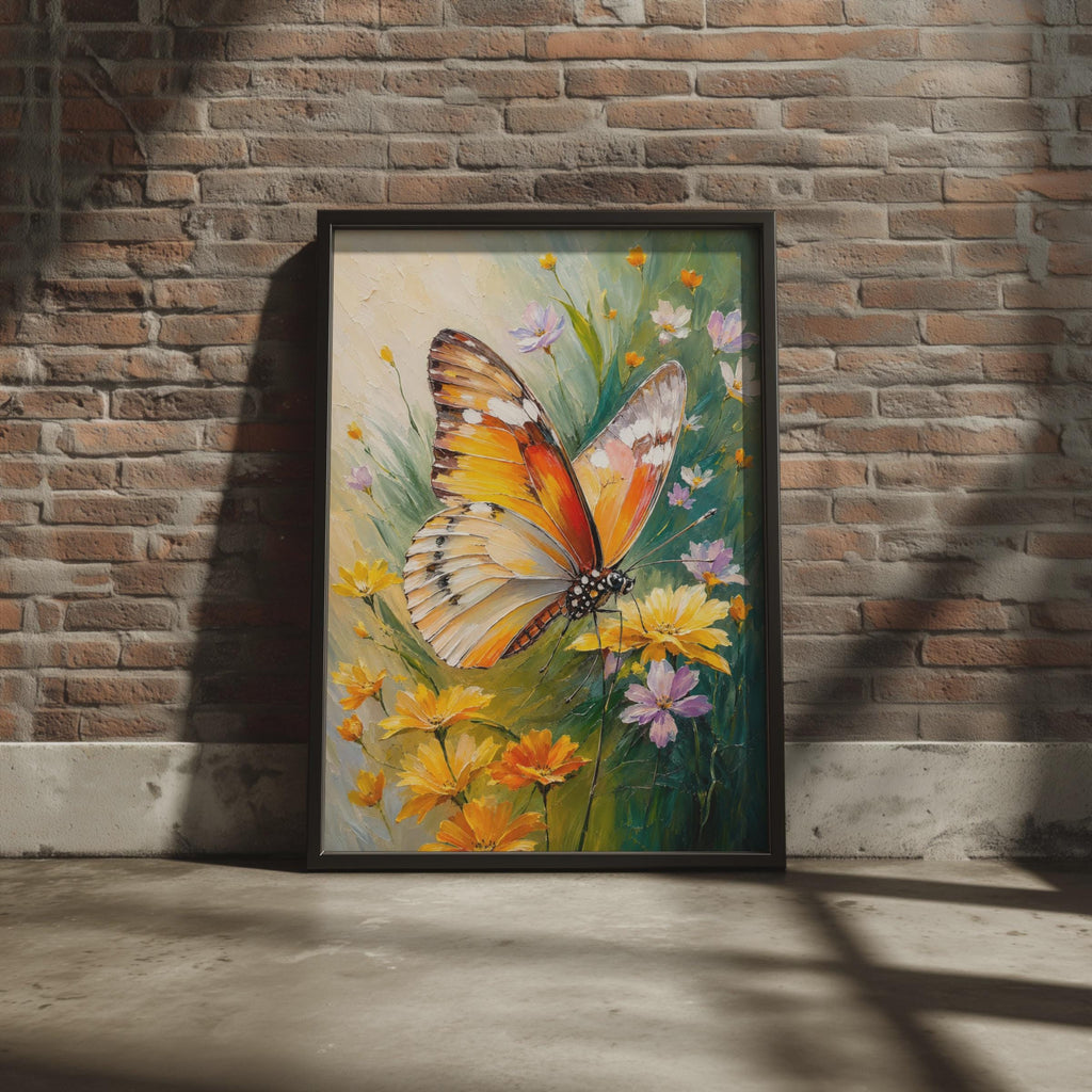 Butterfly Wildflowers Oil Painting Print, Botanical Floral Poster (Physical Print)
