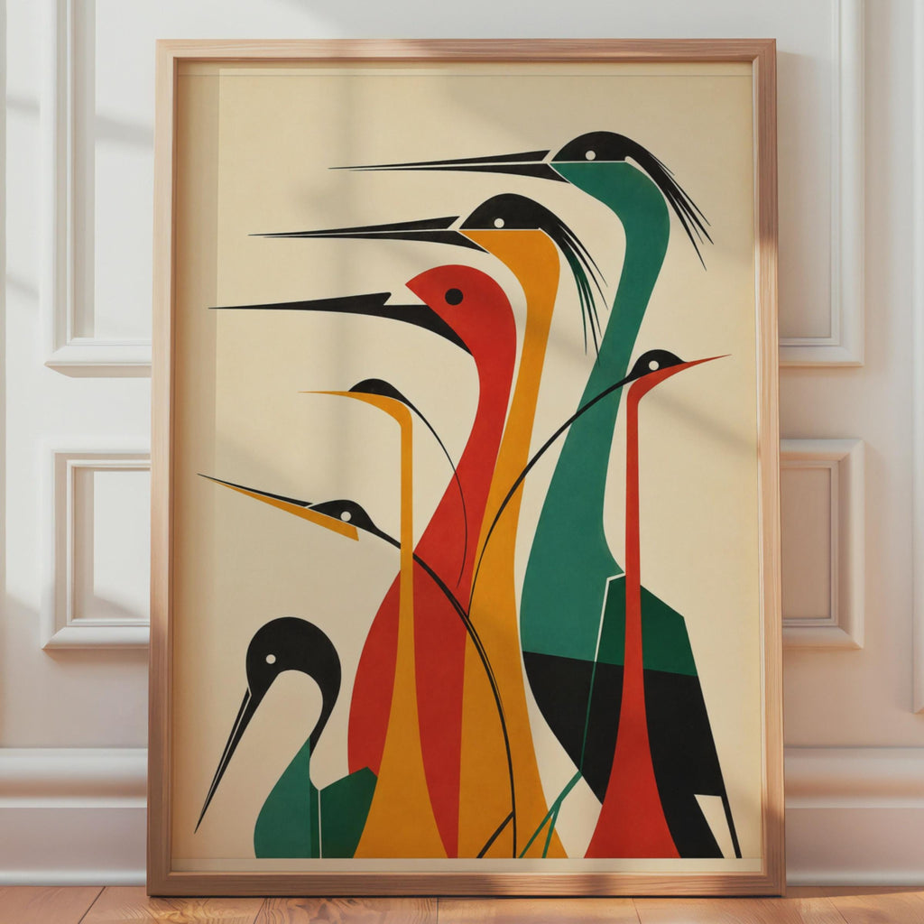 Mid Century Modern Heron Print, Geometric Bird Wall Art, Teal Amber Red  Print