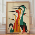 Mid Century Modern Heron Print, Geometric Bird Wall Art, Teal Amber Red  Print