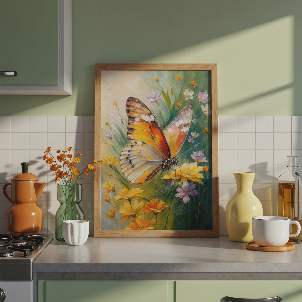 Butterfly Wildflowers Oil Painting Print, Botanical Floral Poster (Physical Print)