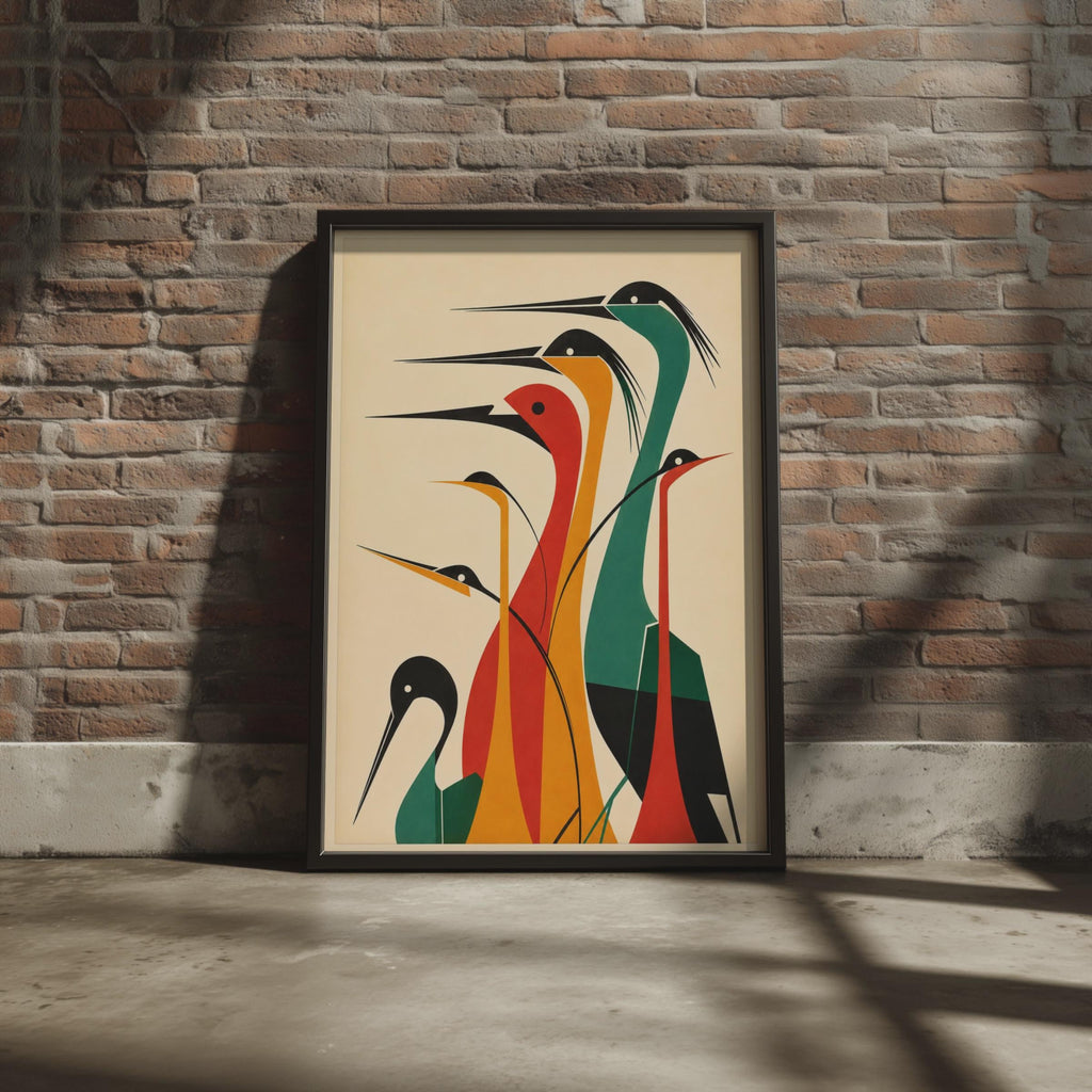 Mid Century Modern Heron Print, Geometric Bird Wall Art, Teal Amber Red  Print
