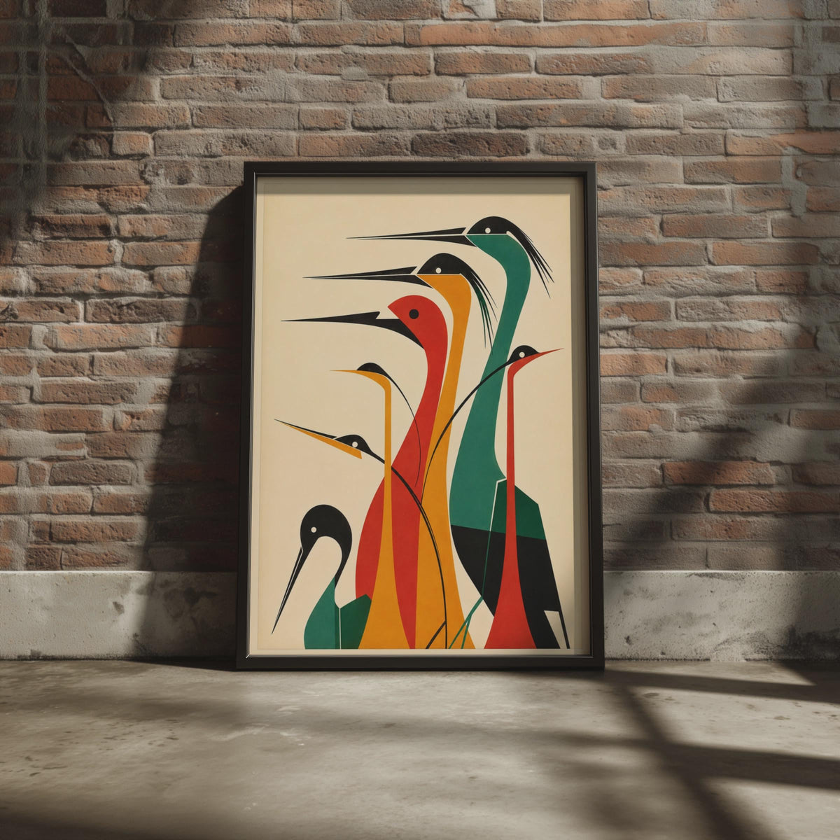 Mid Century Modern Heron Print, Geometric Bird Wall Art, Teal Amber Red  Print