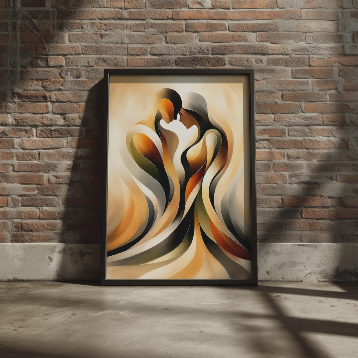 Abstract Couple Embrace Print, Romantic Flowing Figures, Warm Earthy Tones, Modern Decor
