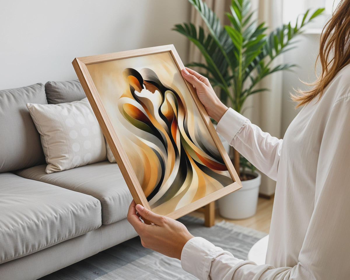 Abstract Couple Embrace Print, Romantic Flowing Figures, Warm Earthy Tones, Modern Decor