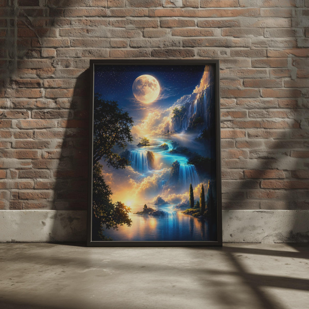 Fantasy Waterfall Landscape Poster, Dreamy Night Sky Wall Art, Mystical River Print