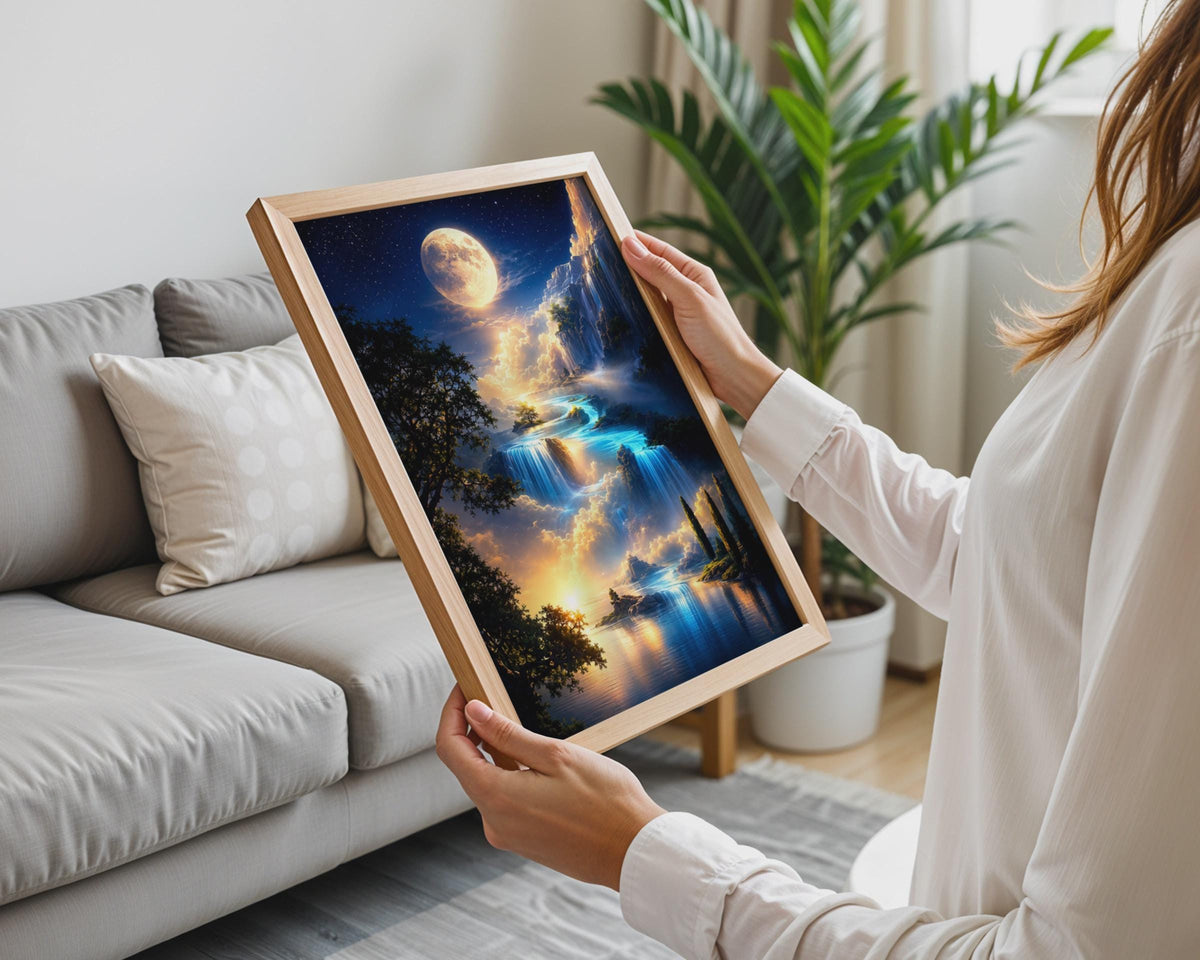 Fantasy Waterfall Landscape Poster, Dreamy Night Sky Wall Art, Mystical River Print