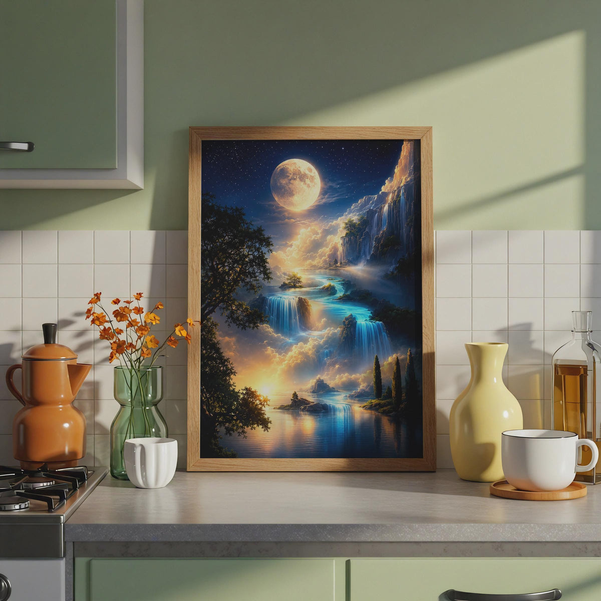 Fantasy Waterfall Landscape Poster, Dreamy Night Sky Wall Art, Mystical River Print
