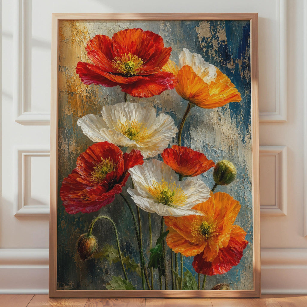 Impasto Poppies Wall Art Print, Red Orange White Floral Painting Print