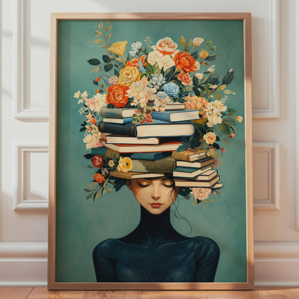 Surreal Woman with Books and Flowers Poster, Botanical Reader Art, Teal Floral Print