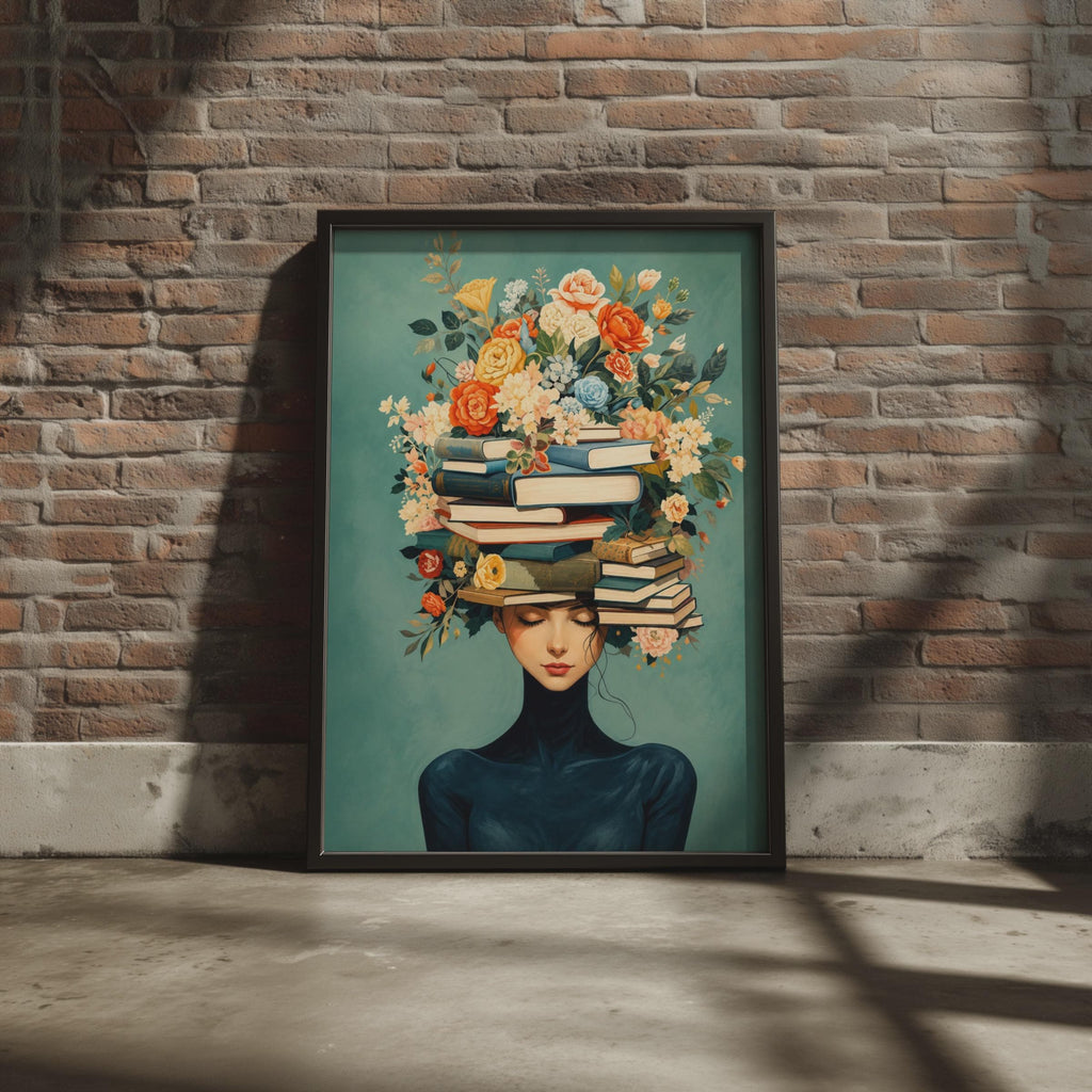 Surreal Woman with Books and Flowers Poster, Botanical Reader Art, Teal Floral Print