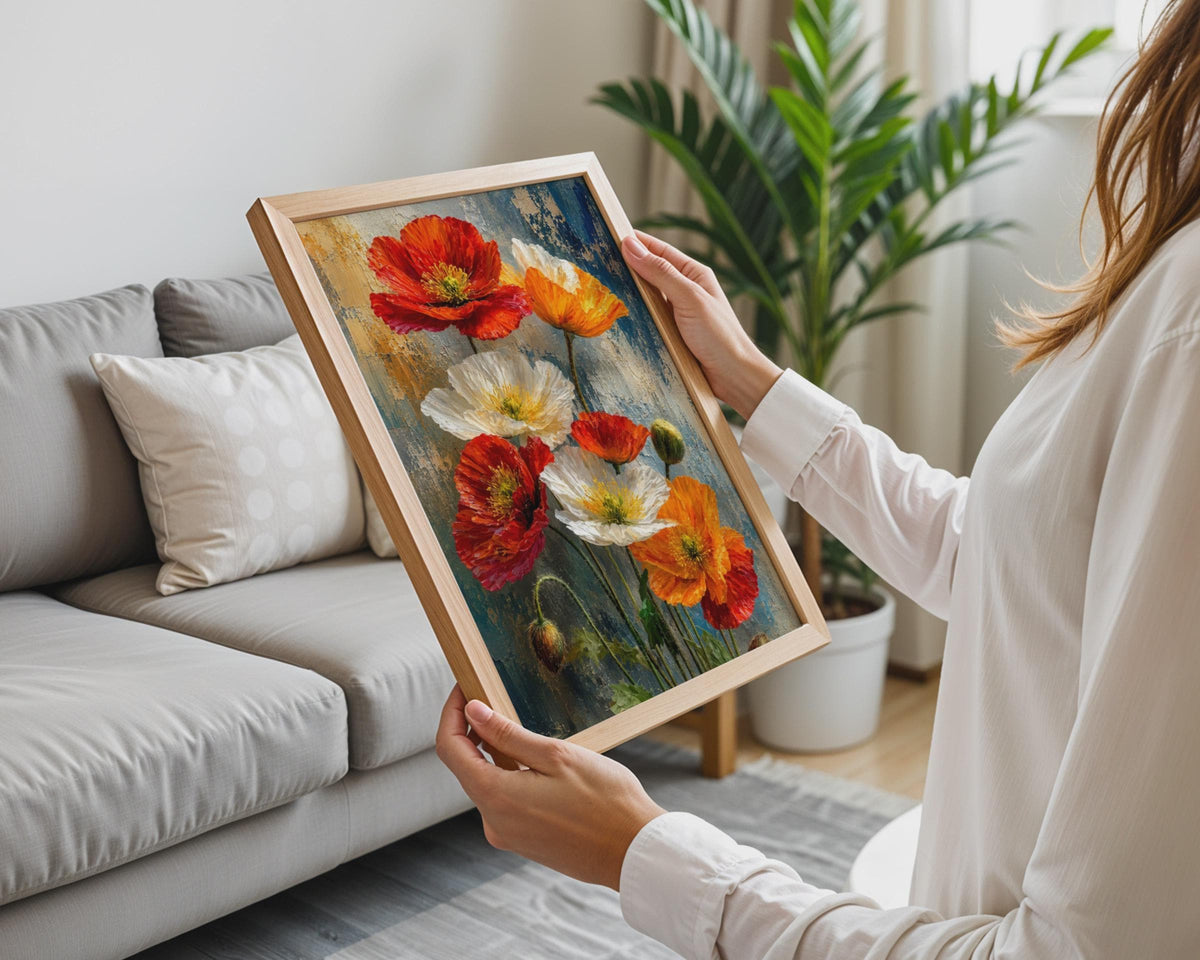 Impasto Poppies Wall Art Print, Red Orange White Floral Painting Print
