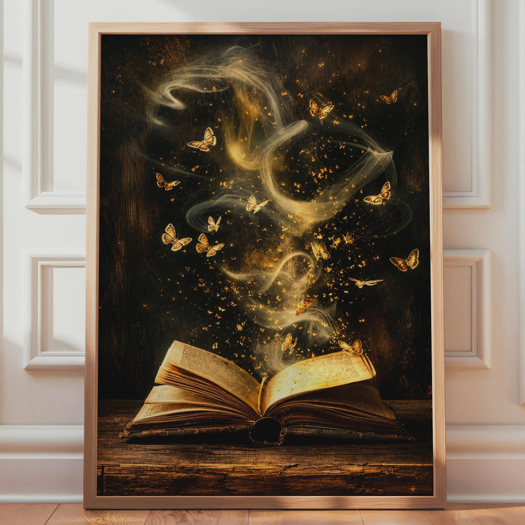 Enchanted Book Butterflies Print, Magic Open Book Wall Art, Dark Academia Decor