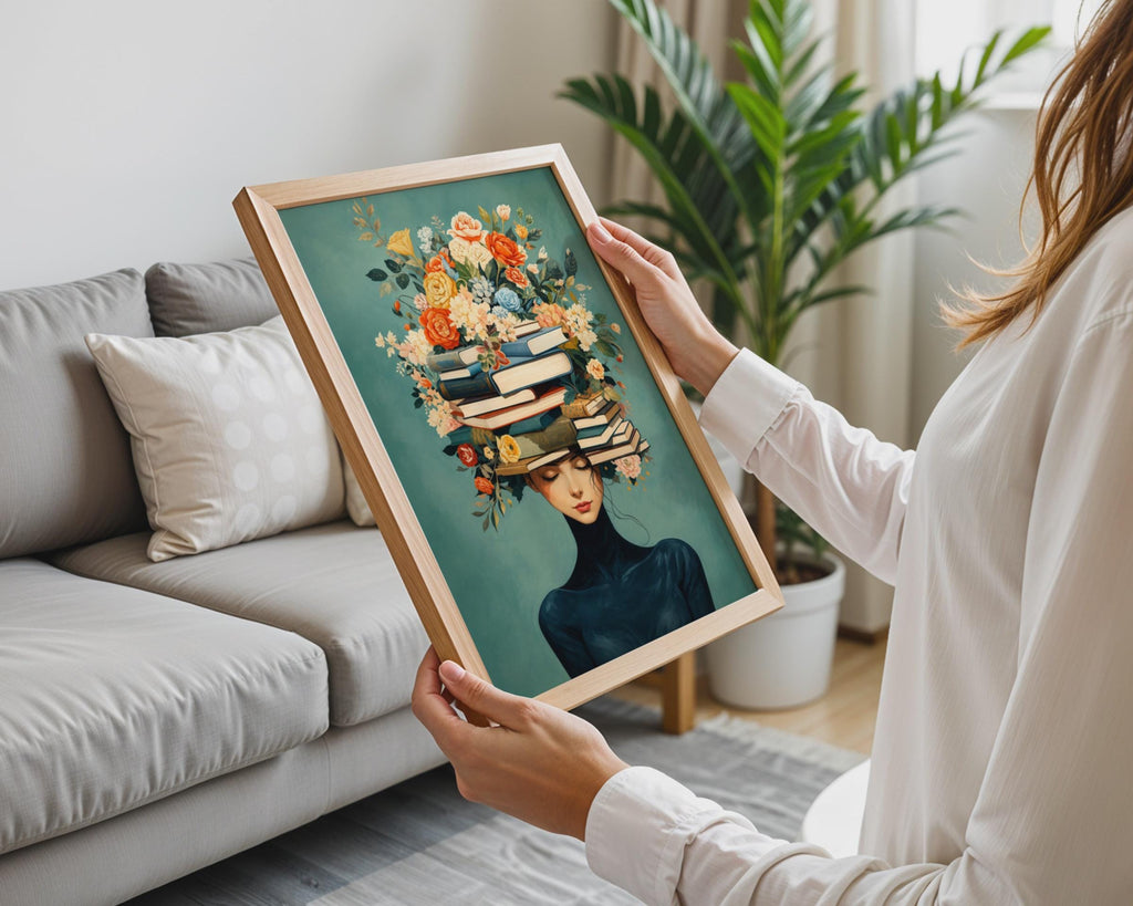 Surreal Woman with Books and Flowers Poster, Botanical Reader Art, Teal Floral Print