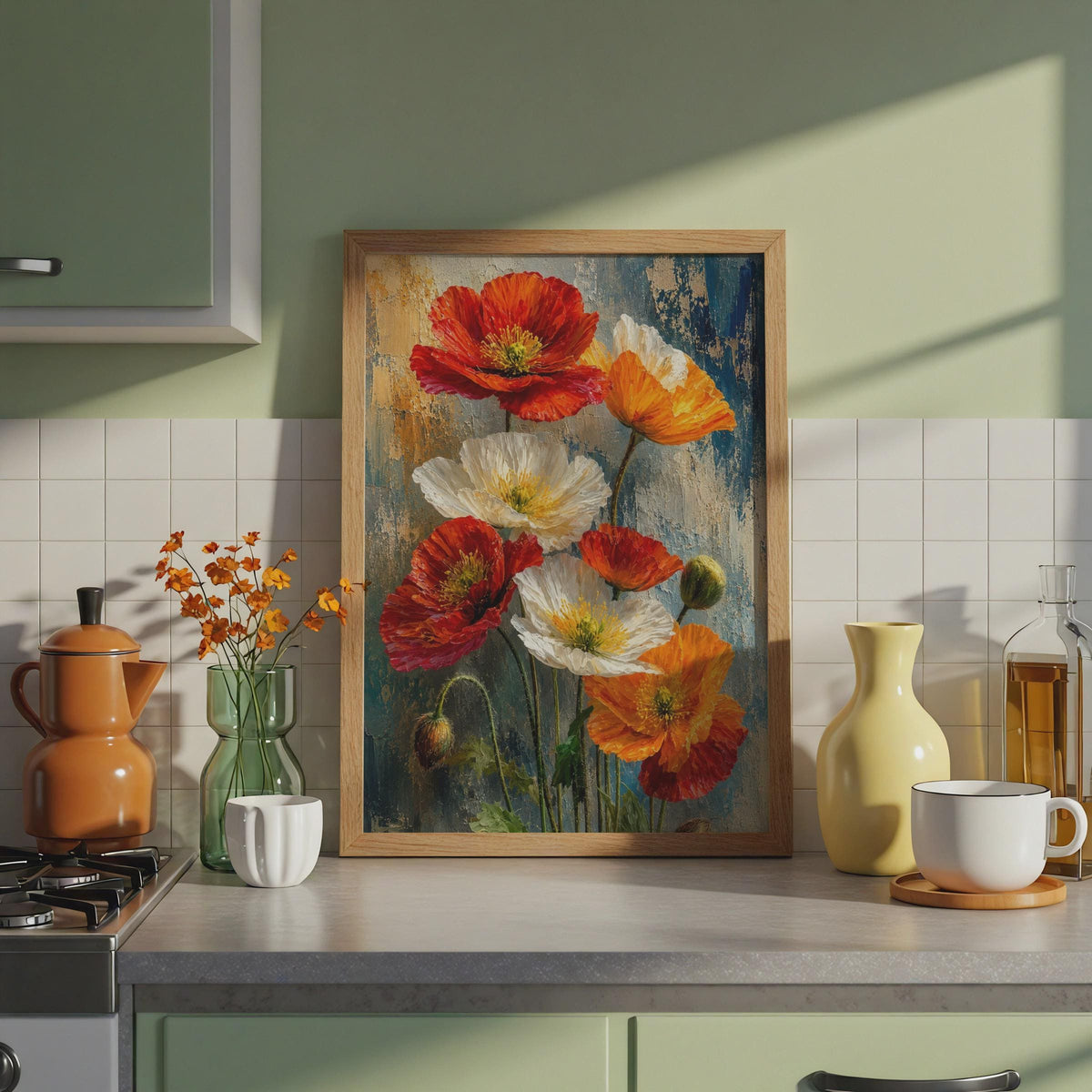 Impasto Poppies Wall Art Print, Red Orange White Floral Painting Print