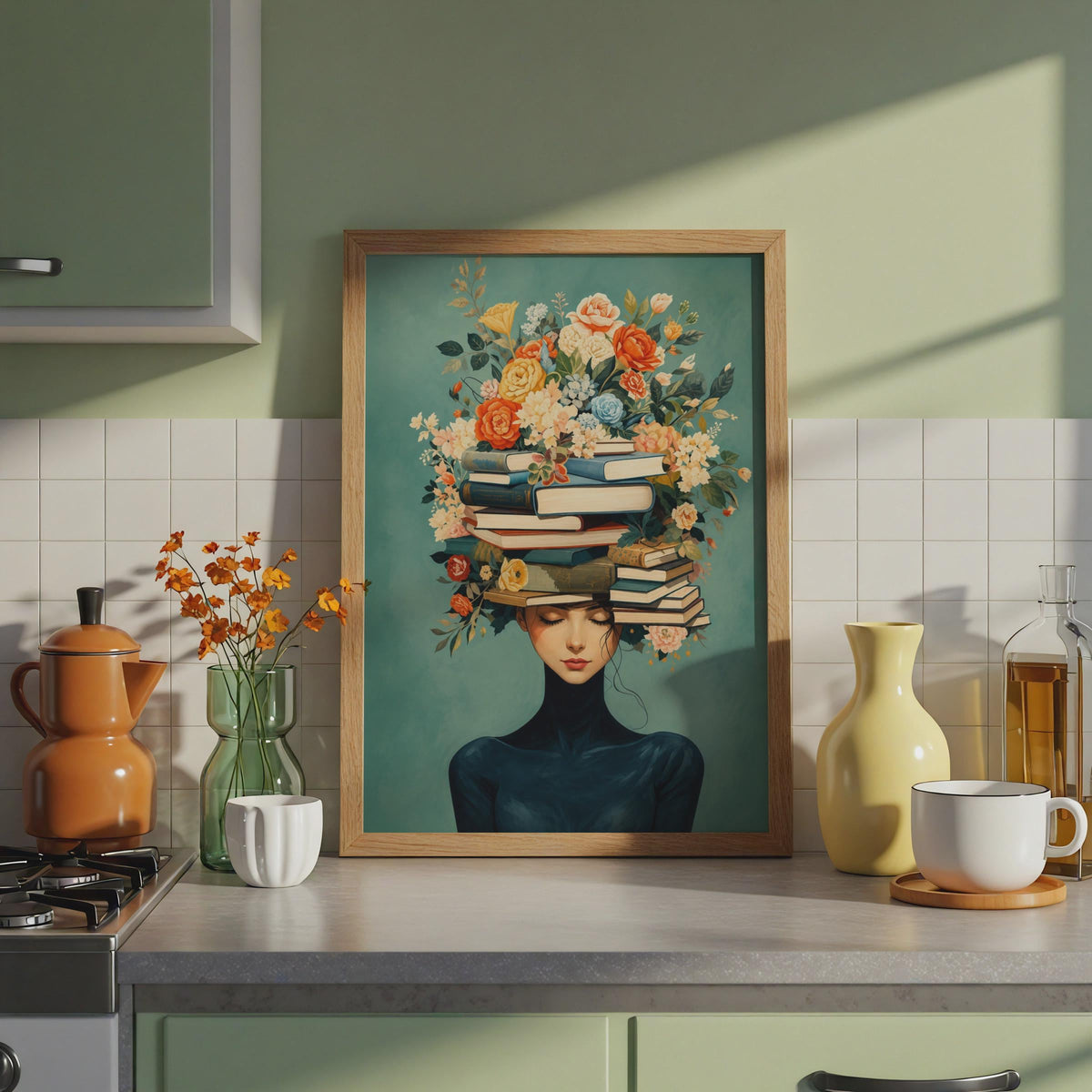 Surreal Woman with Books and Flowers Poster, Botanical Reader Art, Teal Floral Print