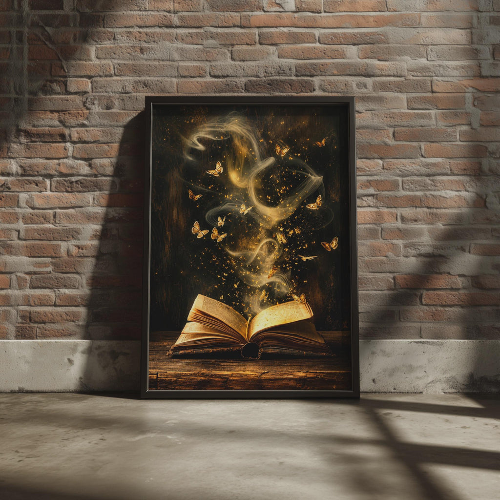 Enchanted Book Butterflies Print, Magic Open Book Wall Art, Dark Academia Decor