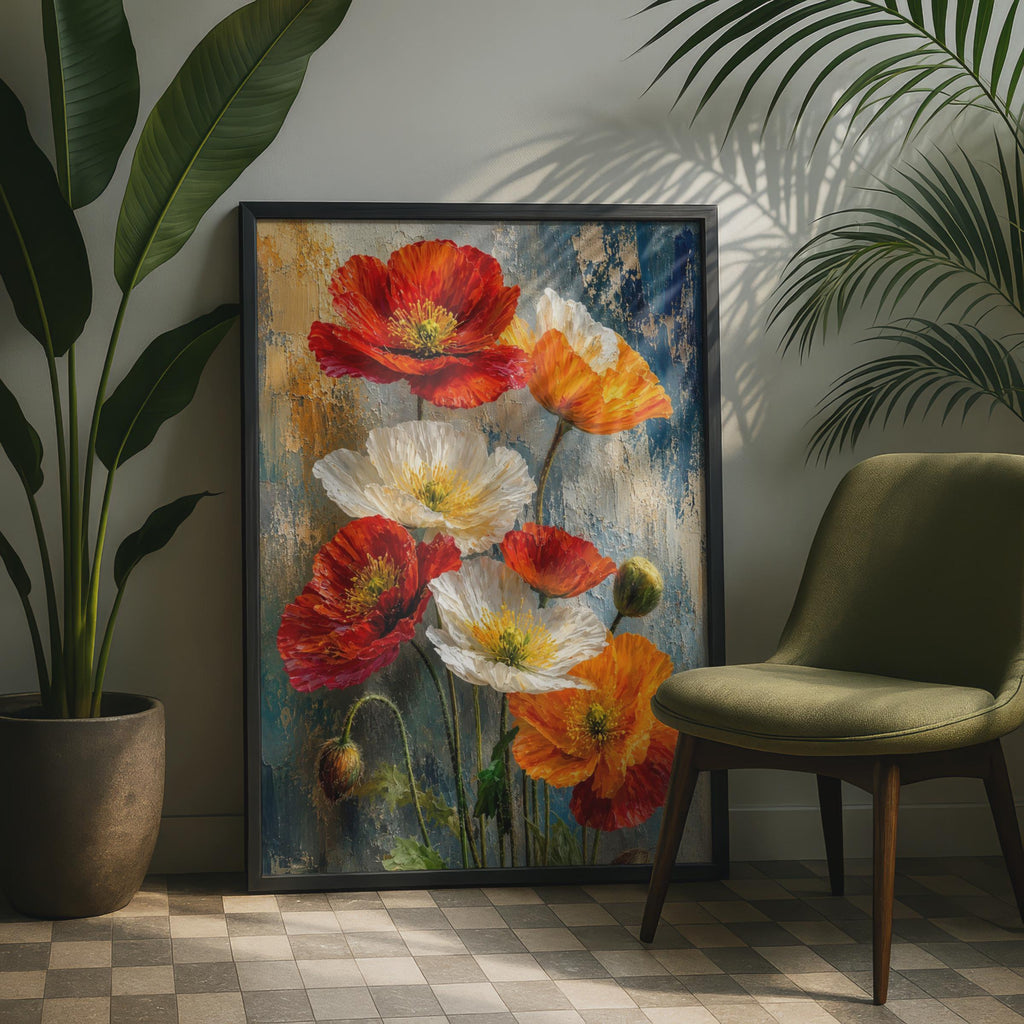 Impasto Poppies Wall Art Print, Red Orange White Floral Painting Print