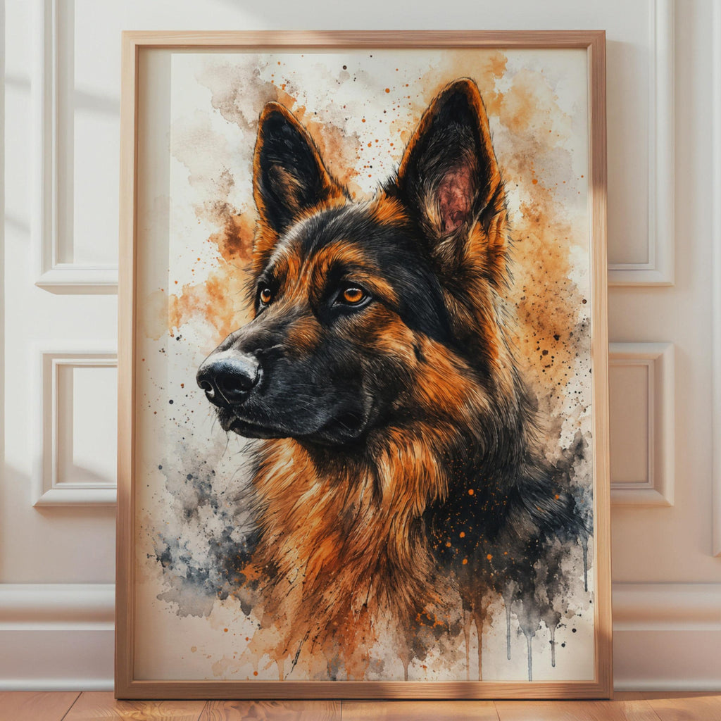 German Shepherd Watercolour Print, Amber Black Splash Dog Portrait Wall Art