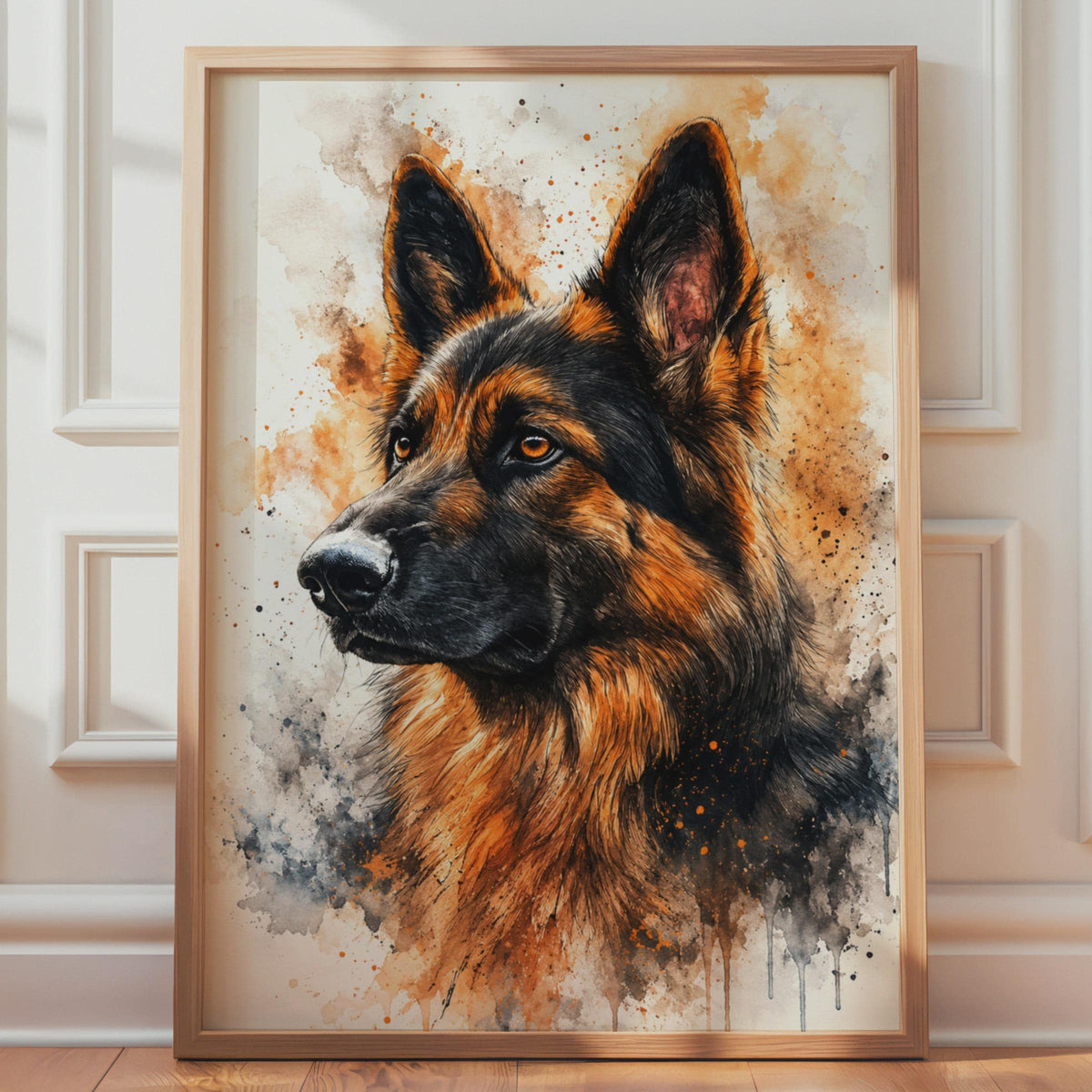 German Shepherd Watercolour Print, Amber Black Splash Dog Portrait Wall Art