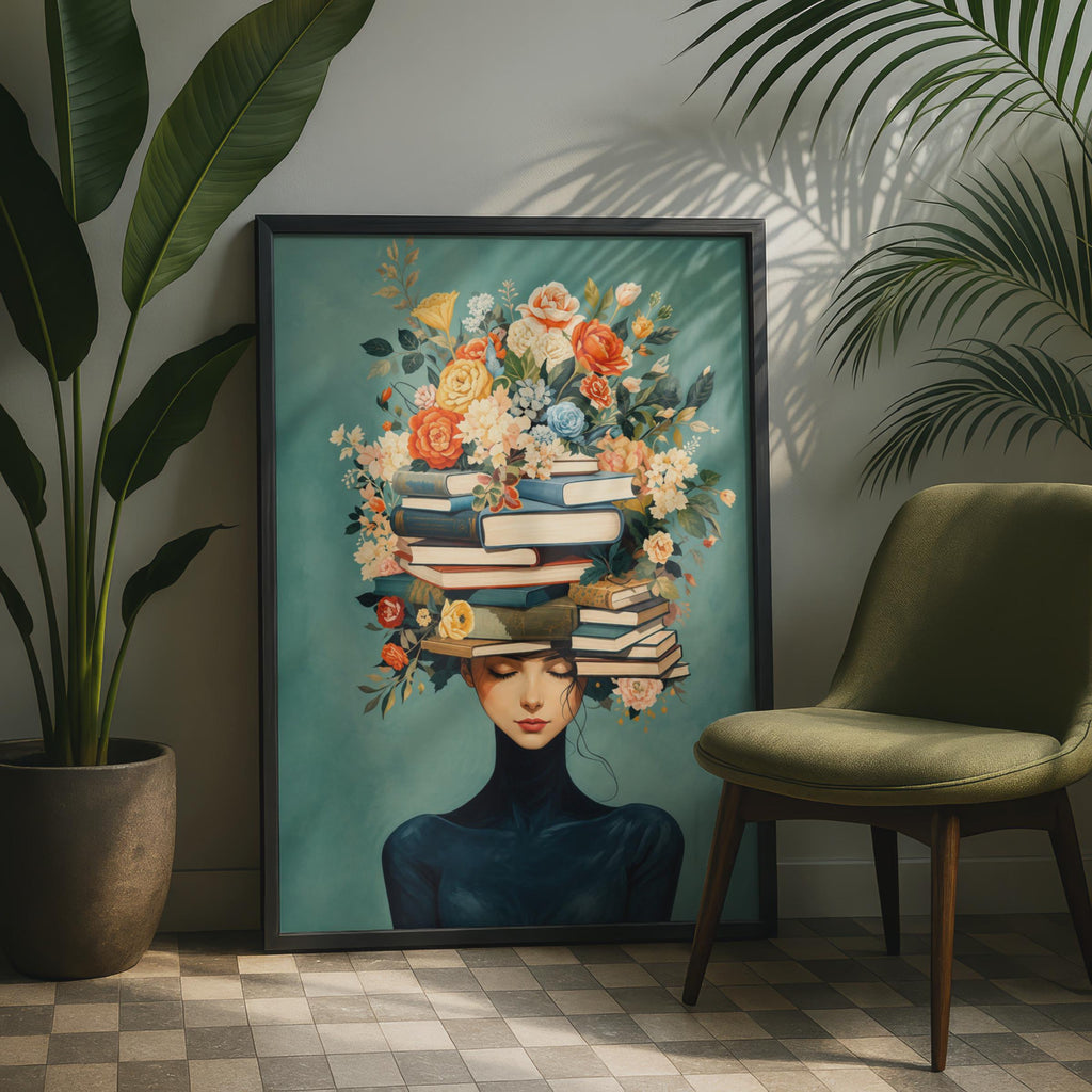 Surreal Woman with Books and Flowers Poster, Botanical Reader Art, Teal Floral Print