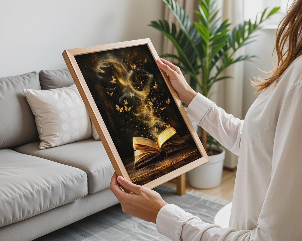 Enchanted Book Butterflies Print, Magic Open Book Wall Art, Dark Academia Decor