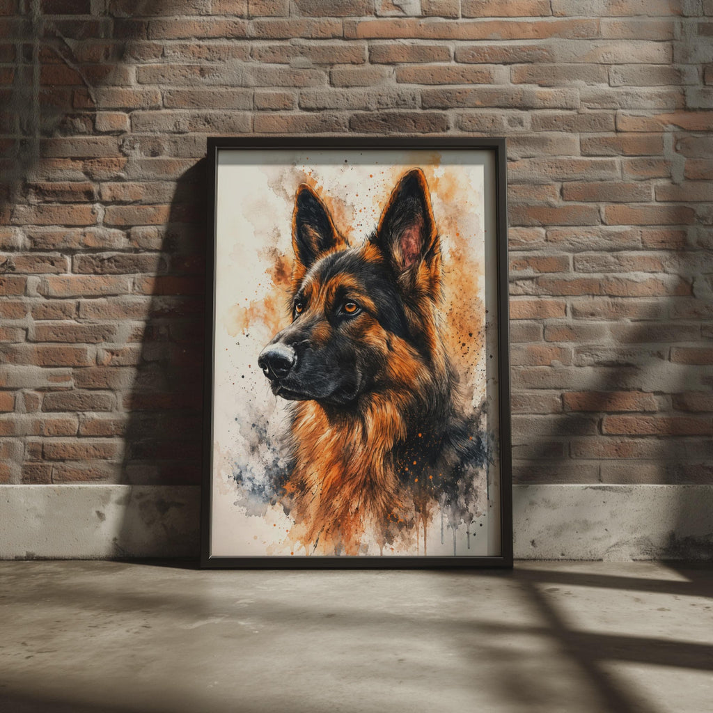German Shepherd Watercolour Print, Amber Black Splash Dog Portrait Wall Art
