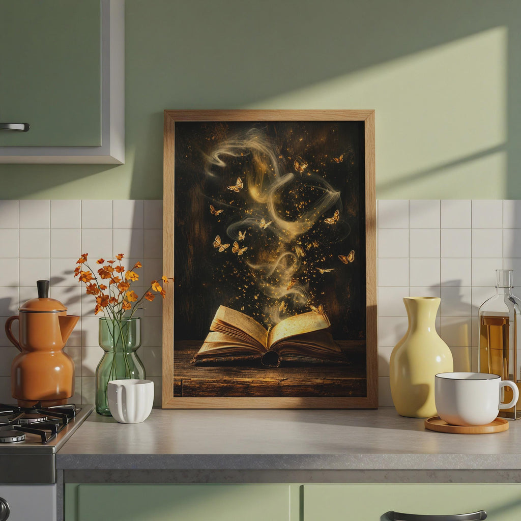 Enchanted Book Butterflies Print, Magic Open Book Wall Art, Dark Academia Decor