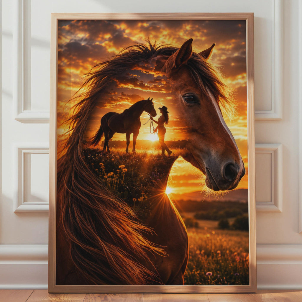 Horse Sunset Double Exposure Print, Equestrian Cowgirl Wall Art, Rustic Country Decor