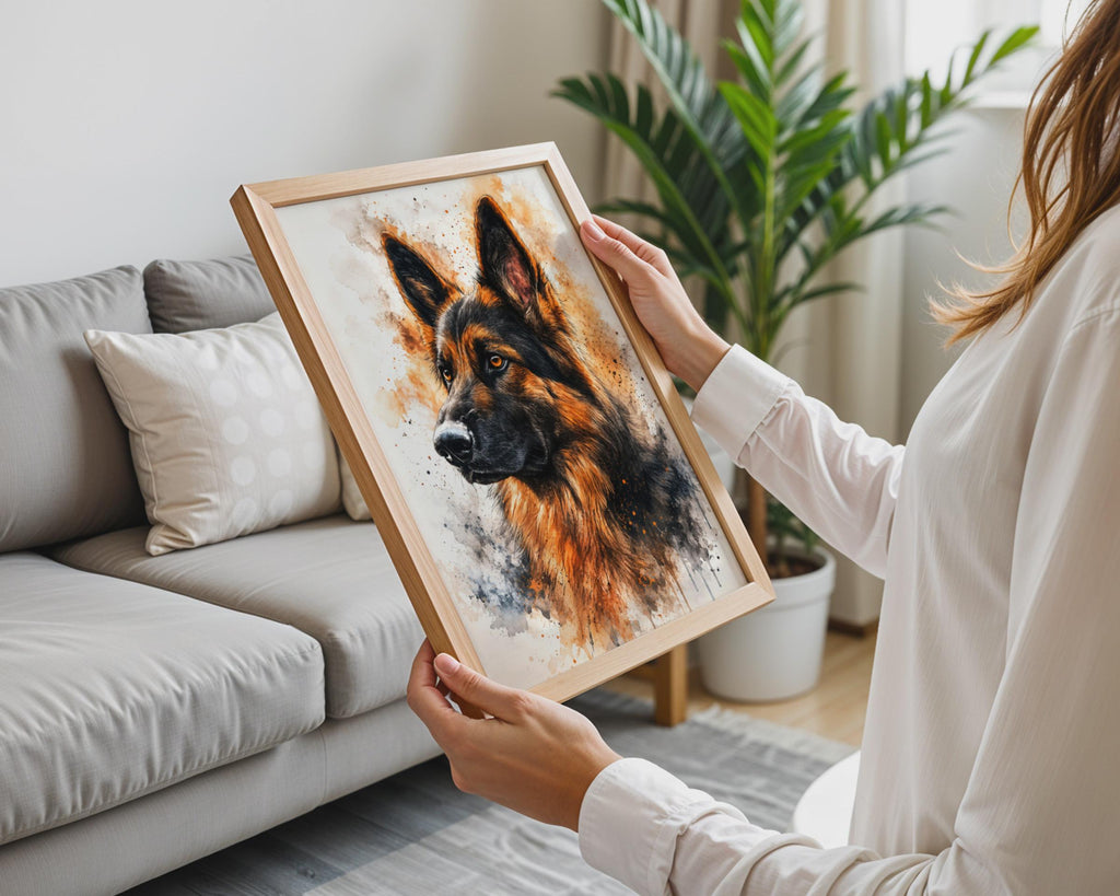 German Shepherd Watercolour Print, Amber Black Splash Dog Portrait Wall Art
