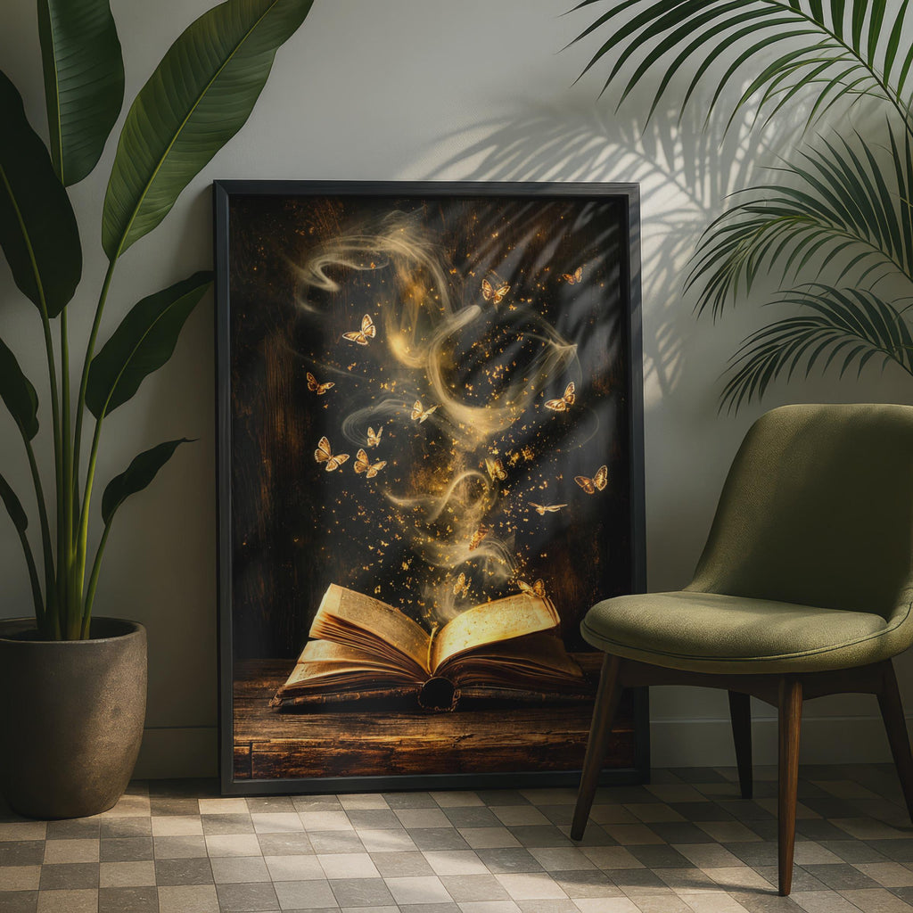 Enchanted Book Butterflies Print, Magic Open Book Wall Art, Dark Academia Decor