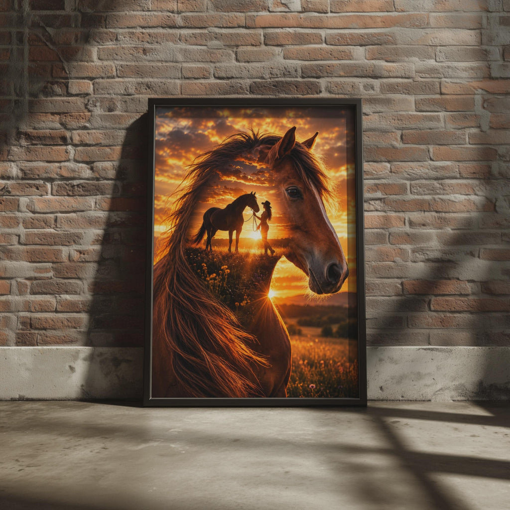 Horse Sunset Double Exposure Print, Equestrian Cowgirl Wall Art, Rustic Country Decor