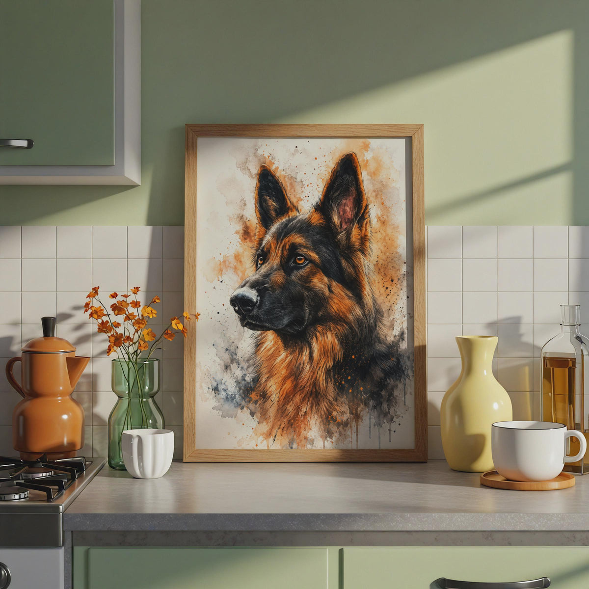 German Shepherd Watercolour Print, Amber Black Splash Dog Portrait Wall Art
