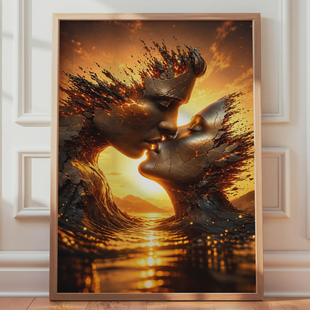 Cracked Stone Couple Kiss Print, Surreal Sunset Romance Wall Art