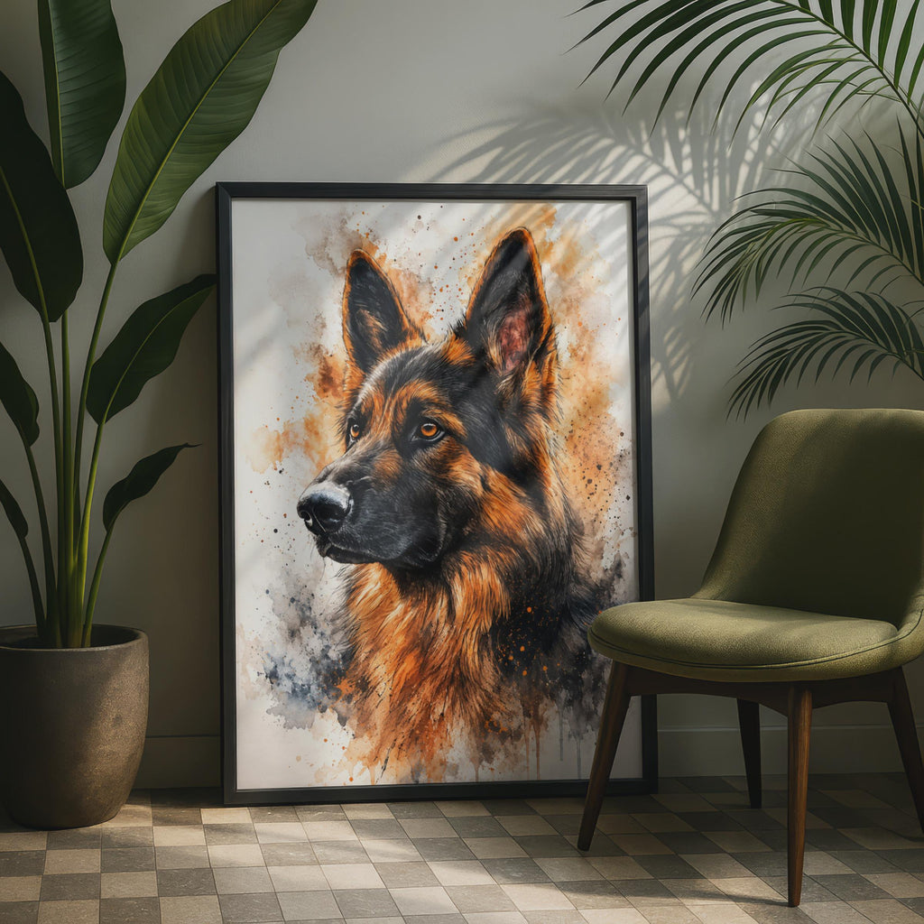 German Shepherd Watercolour Print, Amber Black Splash Dog Portrait Wall Art