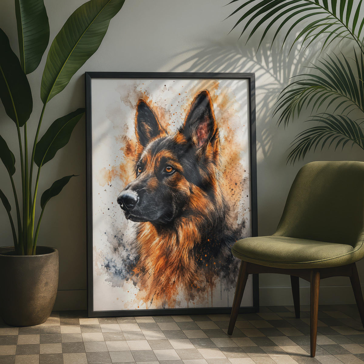 German Shepherd Watercolour Print, Amber Black Splash Dog Portrait Wall Art